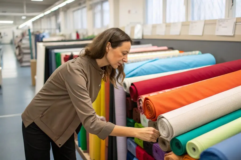 Designer sourcing fabrics from textile rolls in studio showroom