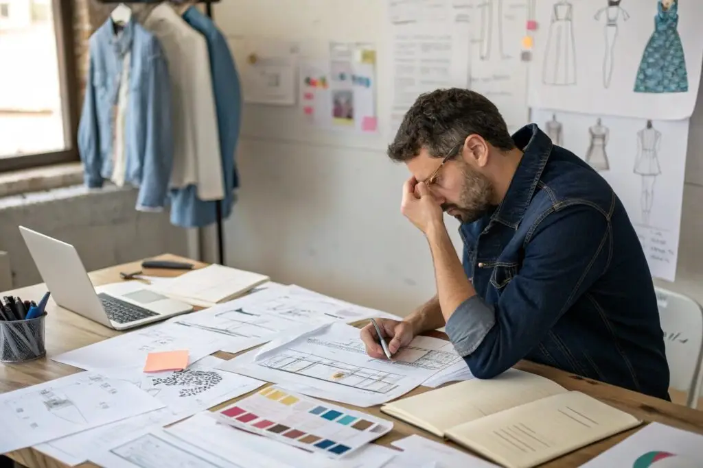 Designer struggling with fashion design sketches and plans