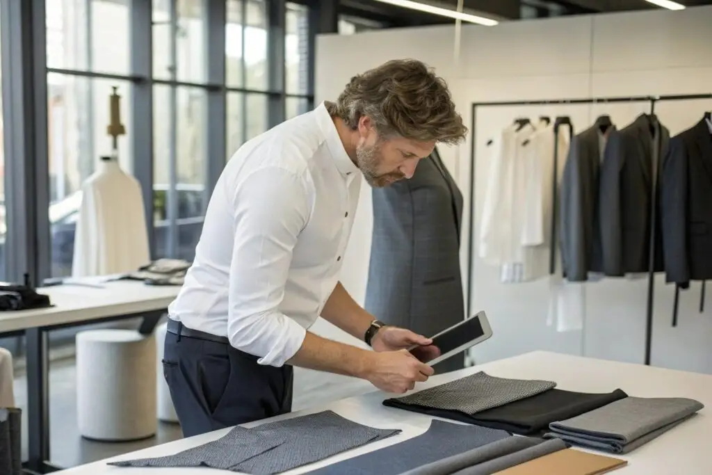 Designer working with fabric swatches and using a tablet in studio