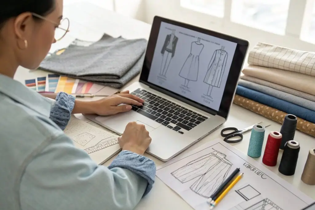 Designer working on garment designs with fabric samples and tech pack