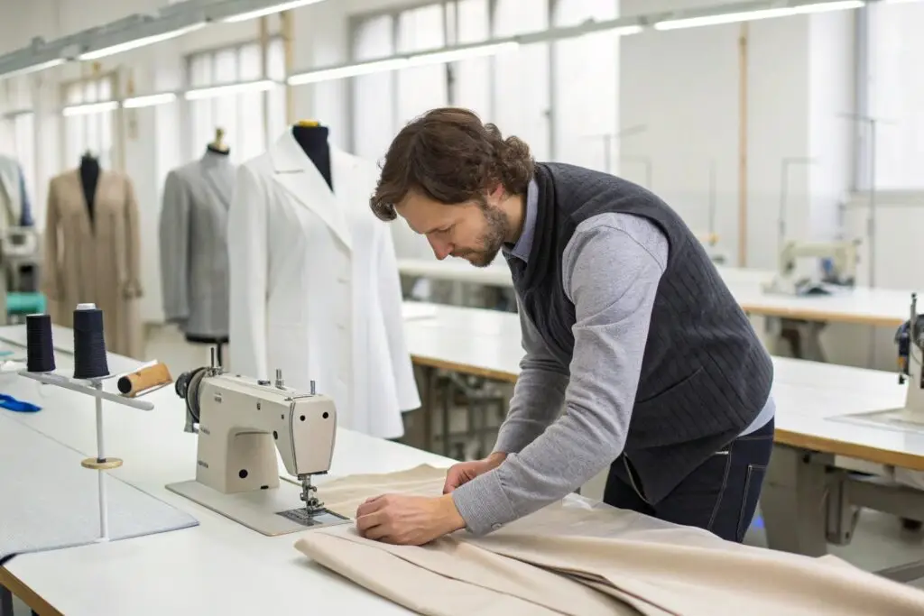 Designer working on a garment prototype at sewing machine