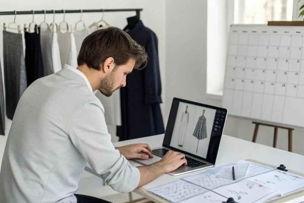Designer working on a tech pack with garment images on laptop