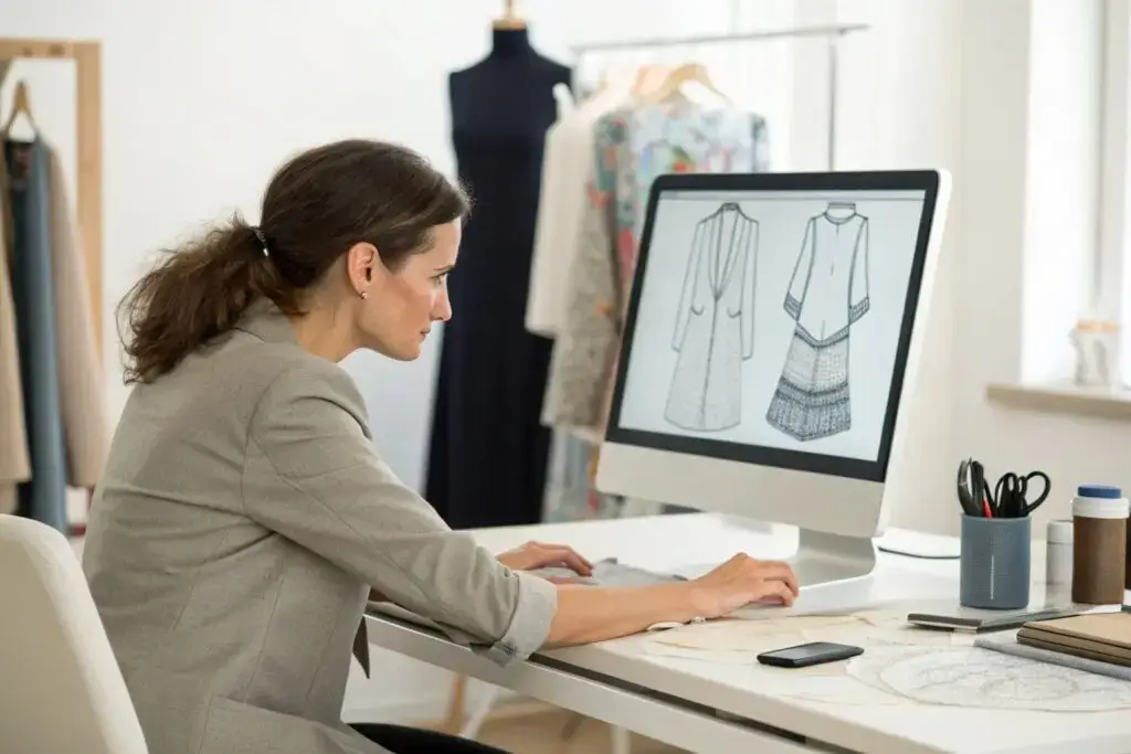 Fashion designer reviewing clothing designs on a computer in a studio