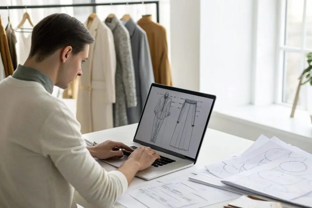 Fashion designer working on a tech pack with garment sketches on laptop