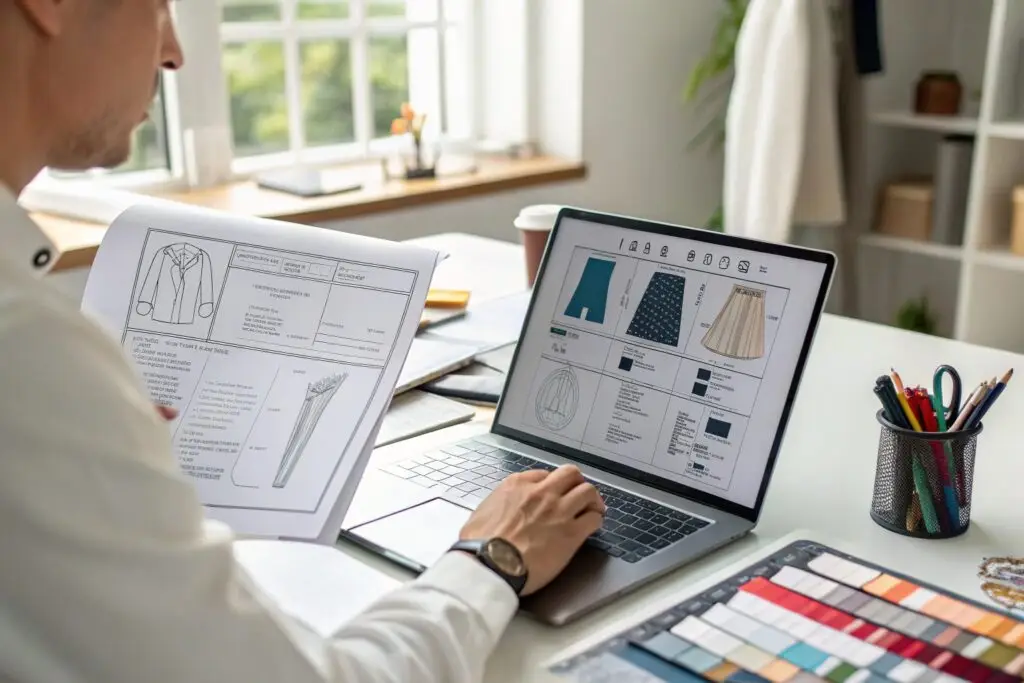 Designer reviewing tech pack document and fashion designs on a laptop