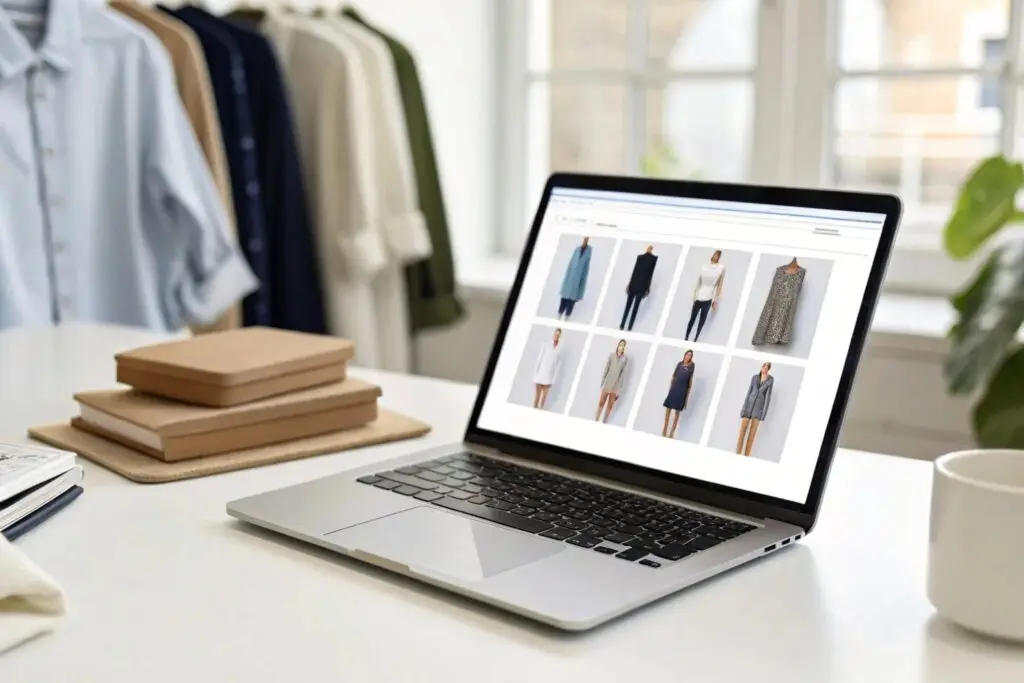 Wholesale clothing website on laptop, showcasing various apparel styles