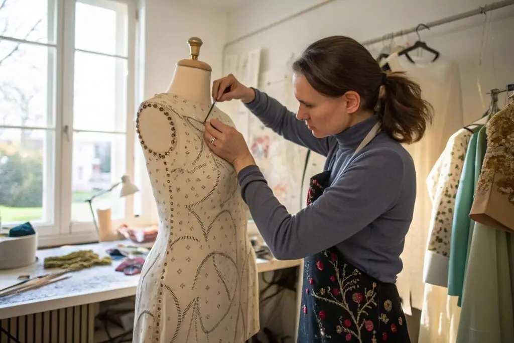 Dressmaker adjusting garment on a mannequin in a studio setting