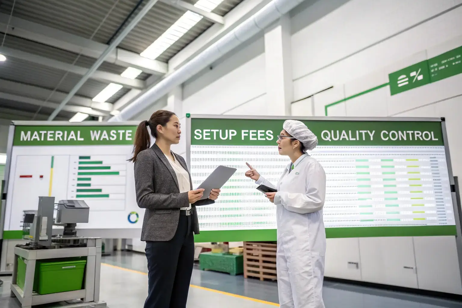 Factory office with detailed charts on material waste, setup fees, and quality control processes for efficient apparel production