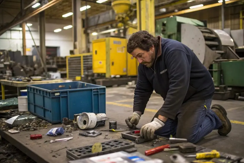 Factory worker handling machinery in a workshop