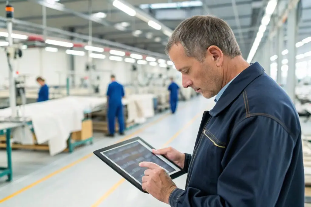 Factory worker reviewing production data on a tablet in a clothing manufacturing facility