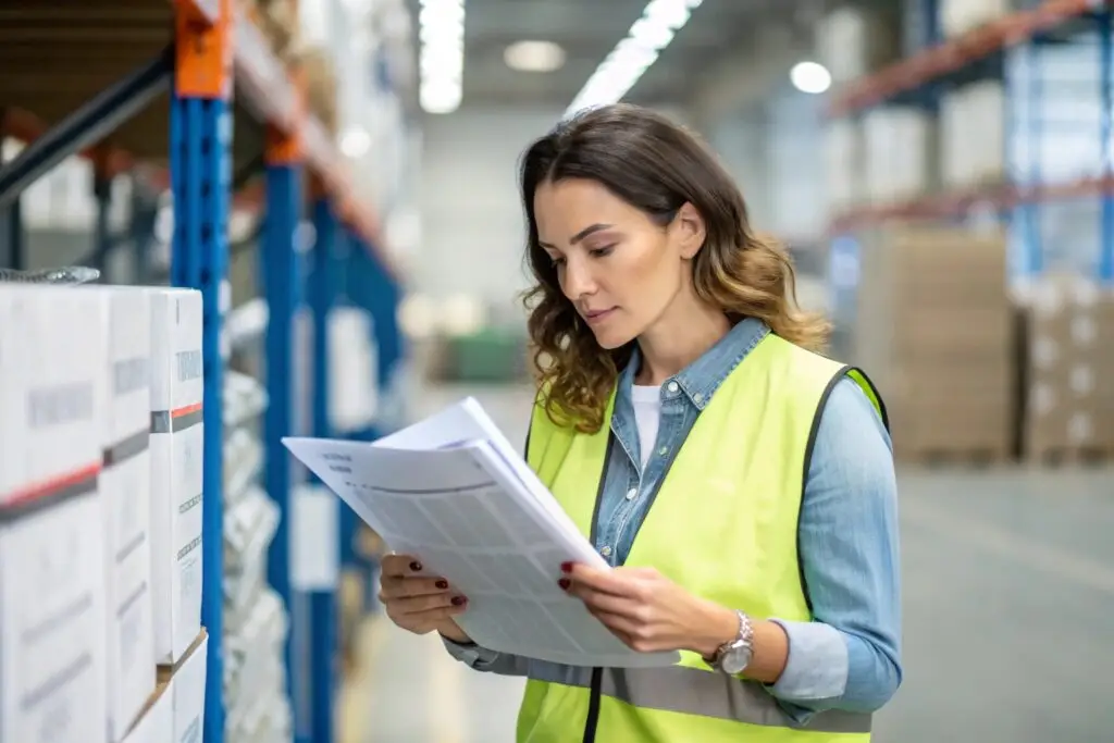 Fashion brand manager reviewing documents in warehouse