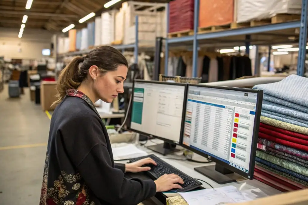 Employee working with fabric inventory data on computers in the warehouse
