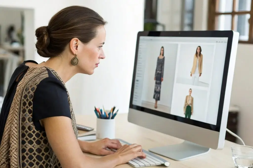Fashion brand owner browsing clothing collection on a computer