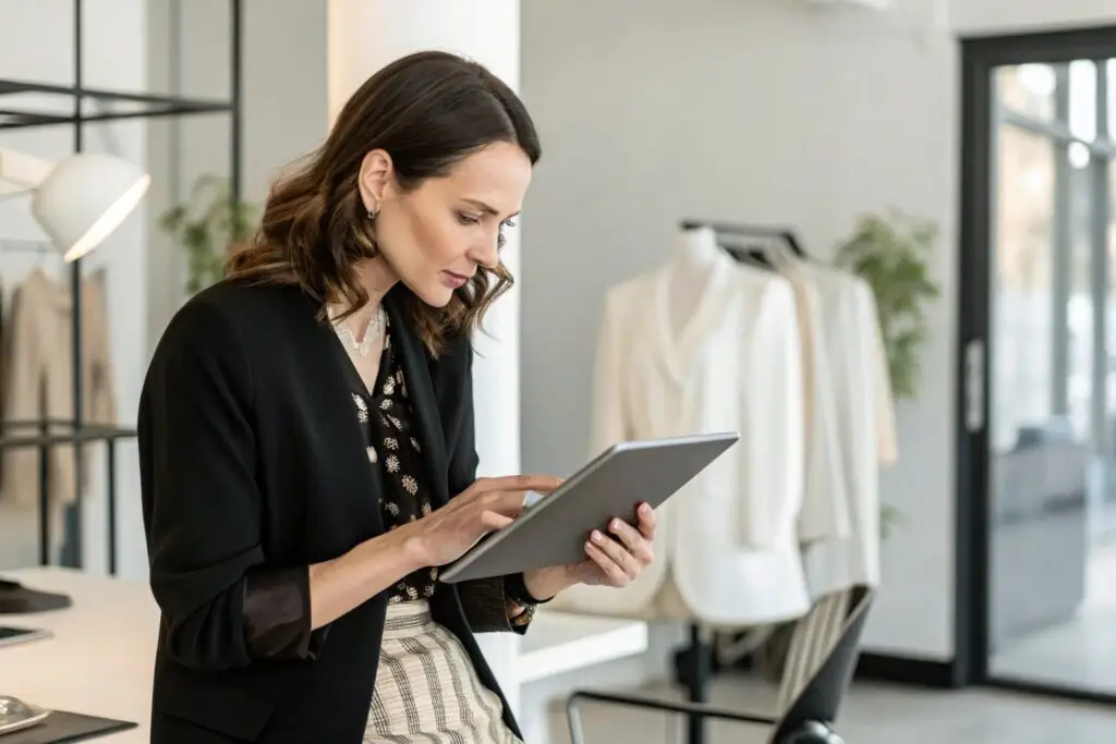 Fashion brand owner reviewing designs on a tablet in a modern studio