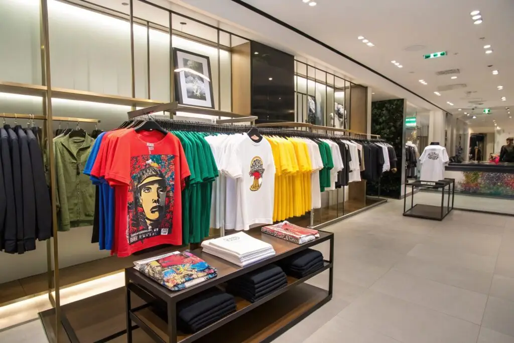 Custom t-shirt display in fashion store, various colors and designs neatly arranged