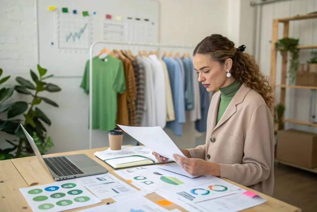 Fashion business owner reviewing sales and design reports