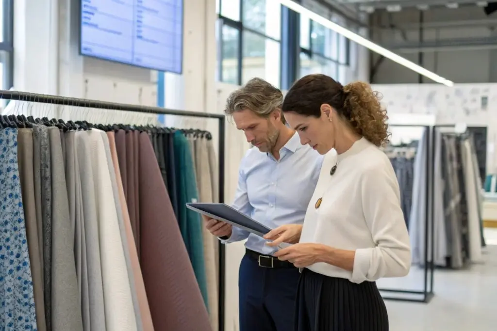 Fashion business team inspecting fabric samples