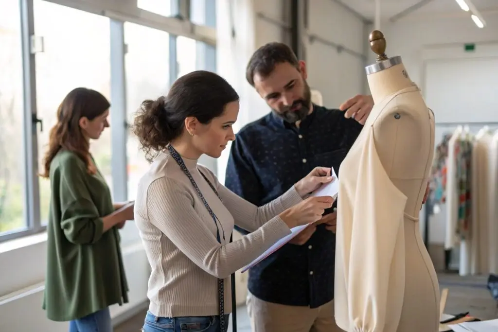 Fashion designer and buyer reviewing garment design