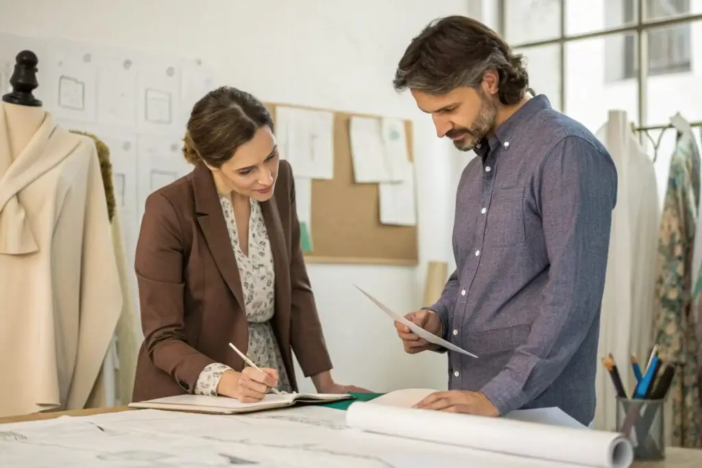 Fashion designer and tech pack designer collaborating on garment sketches in a studio