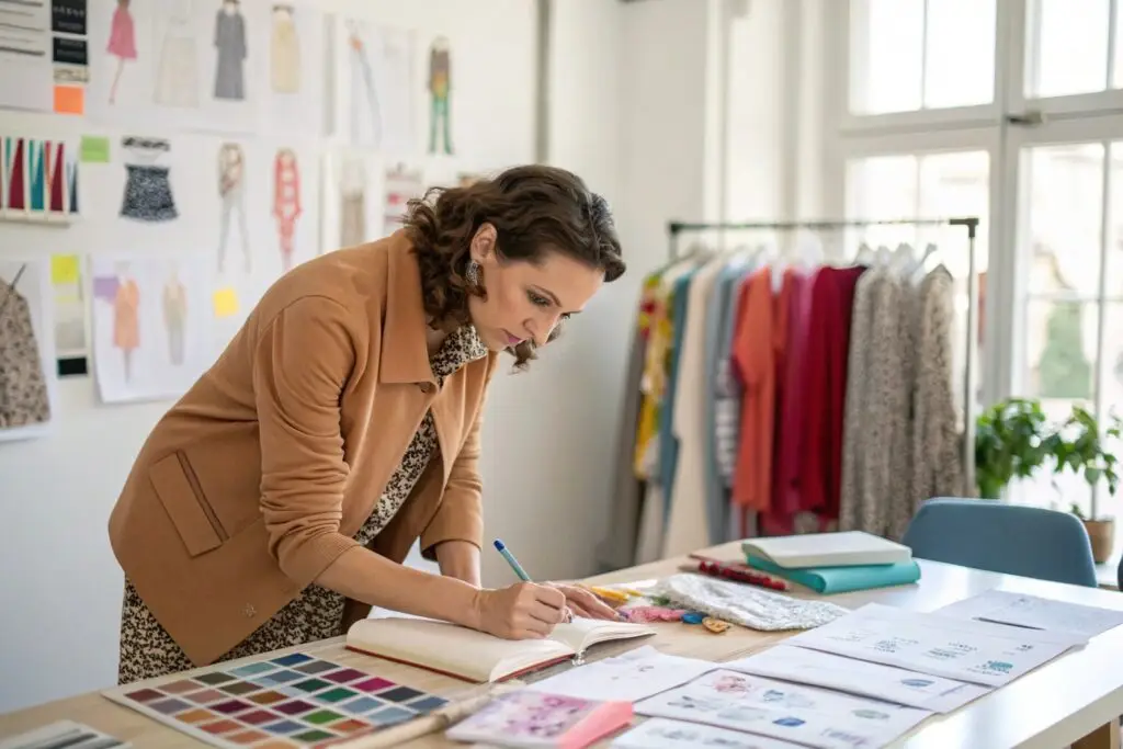 Fashion designer brainstorming designs and selecting fabrics in studio