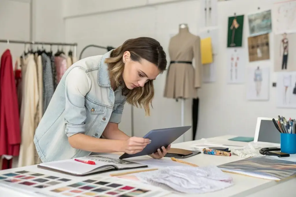 Fashion designer working with tablet and sketchbook in design studio