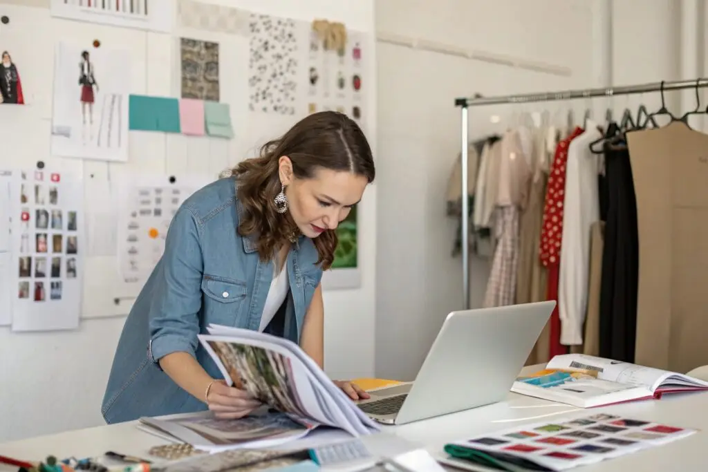 Fashion designer reviewing designs and fabrics on laptop and table