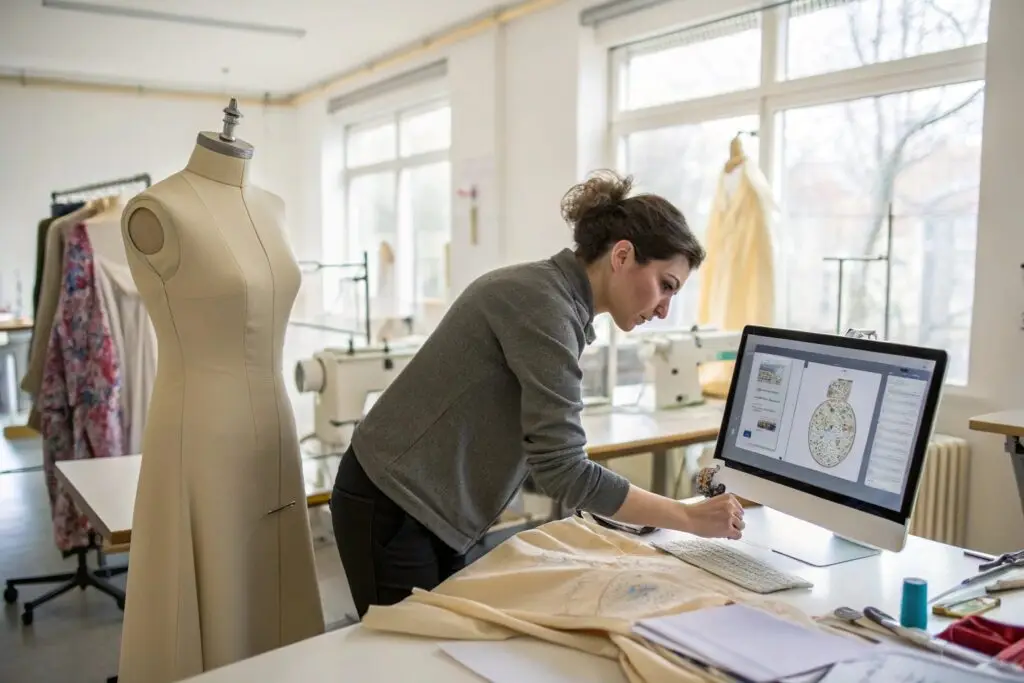 Fashion designer finalizing designs on computer