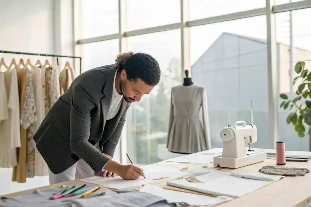 A fashion designer working on sketches and fabric designs in a creative studio