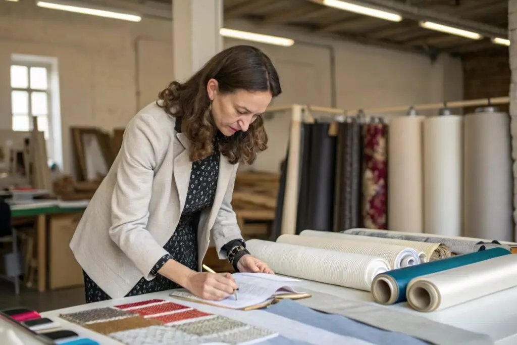 Fashion designer reviewing fabric samples and sketches in a textile studio