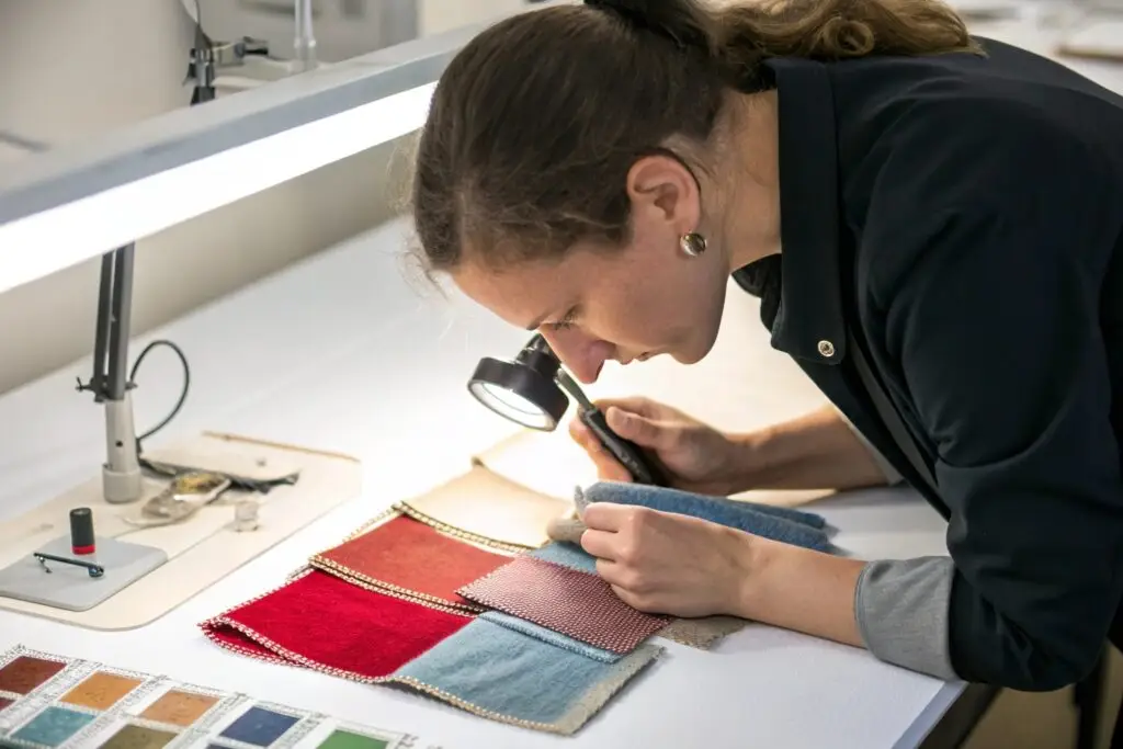 Fashion designer or quality control expert examining fabric samples