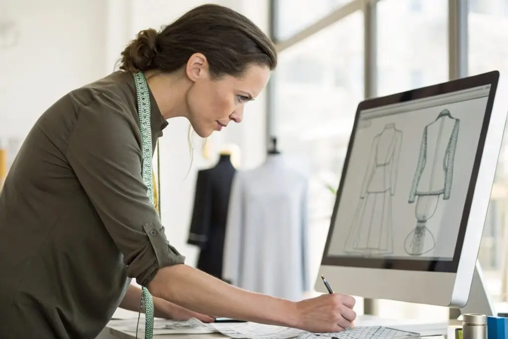 Fashion designer preparing garment sketches on paper while working on digital designs on a computer