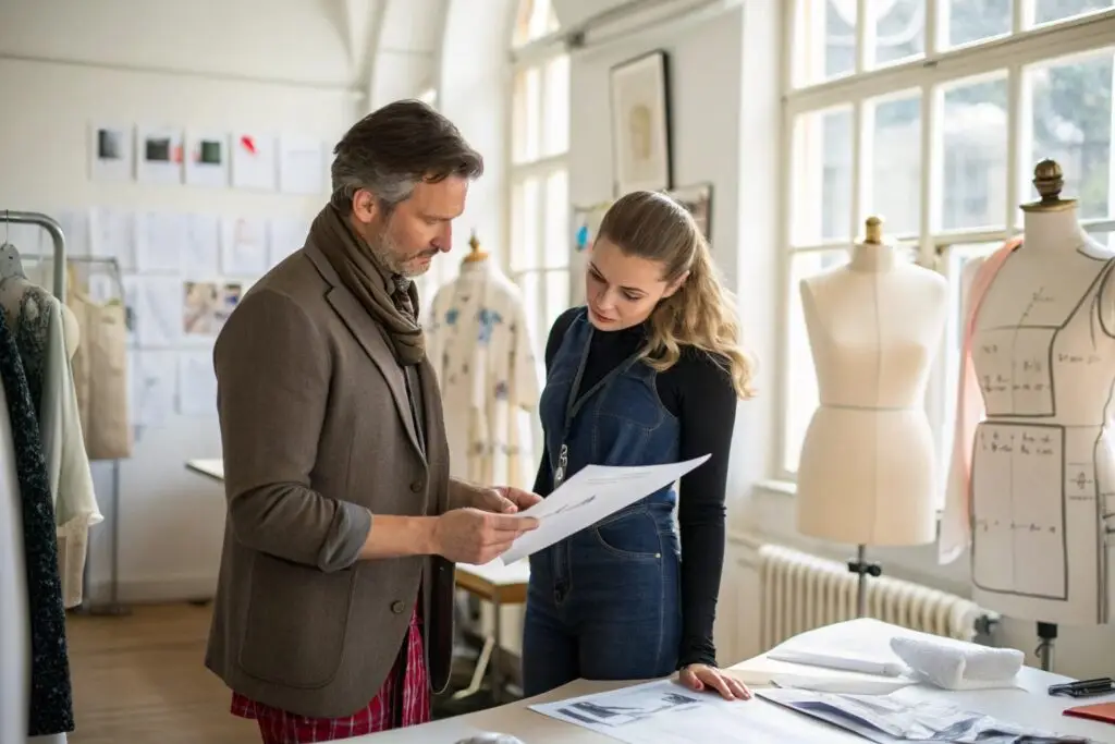 Fashion designers reviewing garment sketches and patterns together