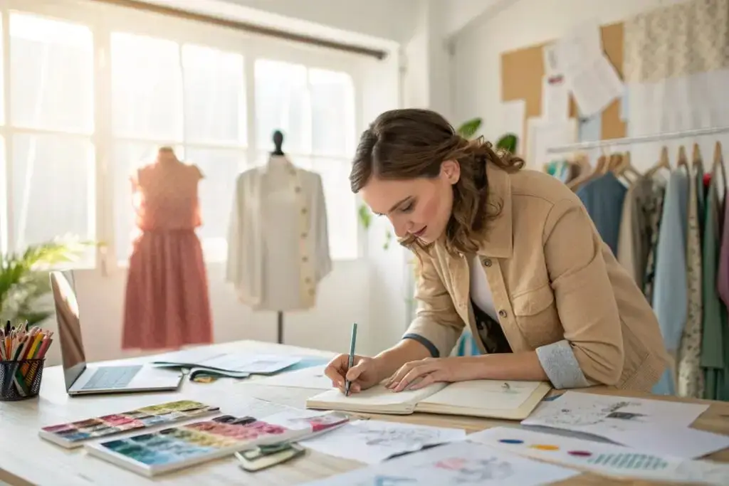 Fashion designer sketching clothing designs in a studio
