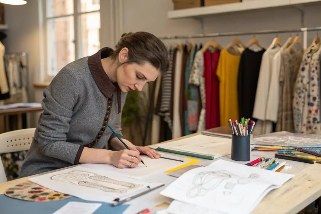 Fashion designer sketching clothing designs in studio with fabric swatches