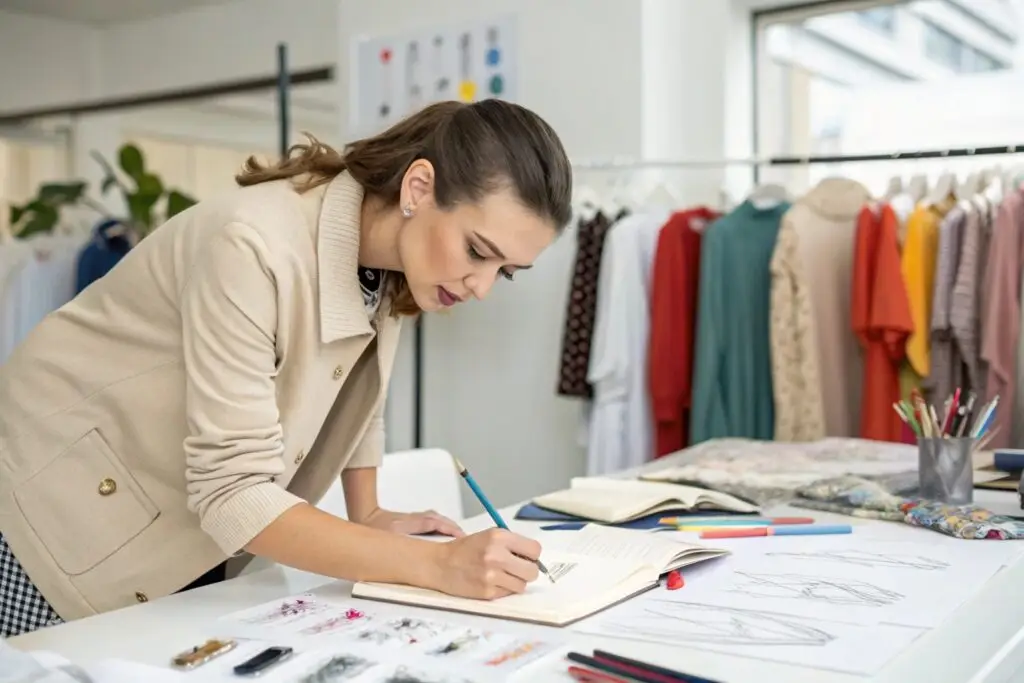 Fashion designer sketching clothing designs in studio workspace