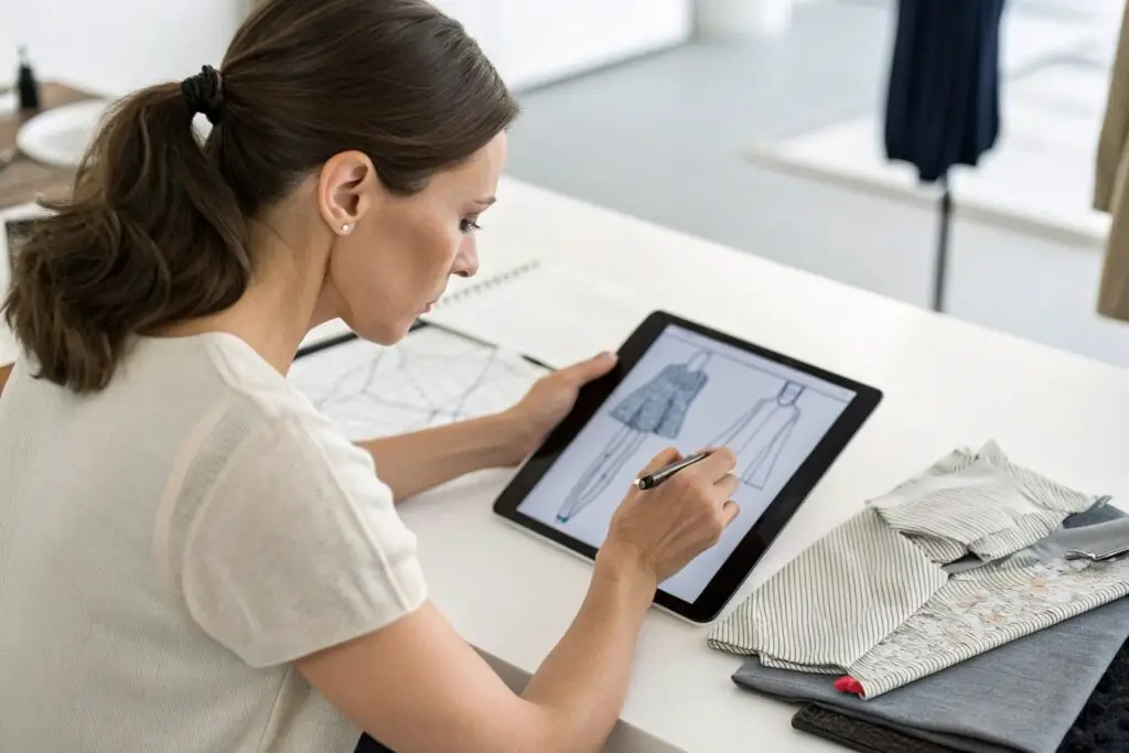 Fashion designer using a digital tablet to sketch clothing designs while reviewing fabric swatches