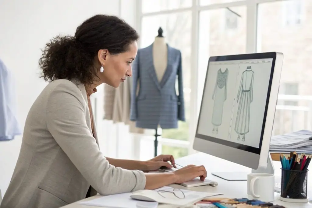 Fashion designer using Adobe software to create garment designs on a computer