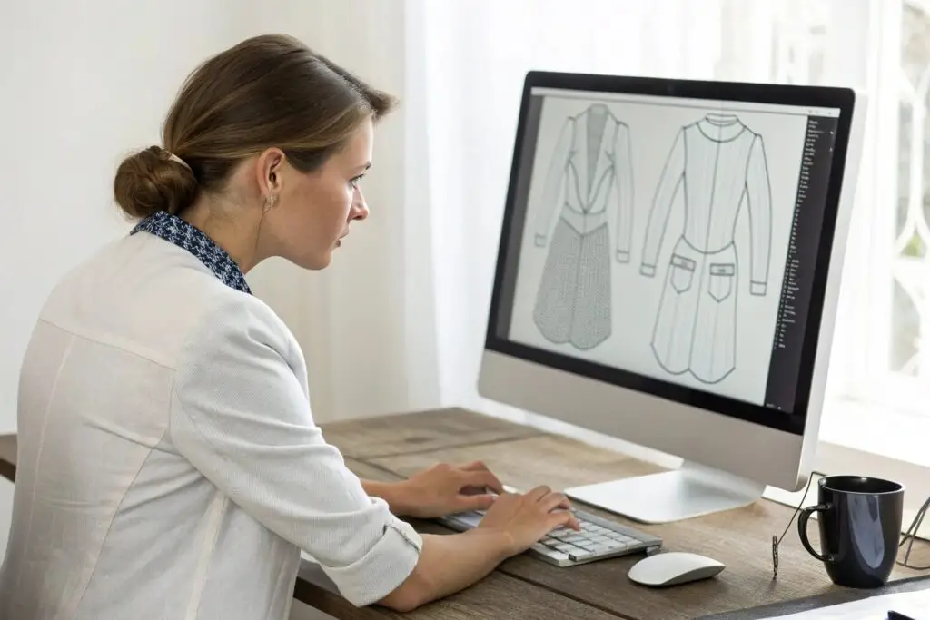 Fashion designer working on clothing sketches using Adobe software on a computer