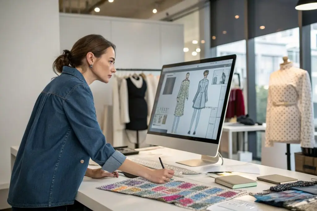 Fashion designer working on digital clothing design using a computer