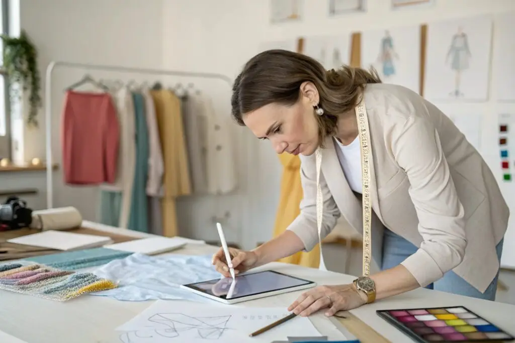 Fashion designer working on tablet in design studio