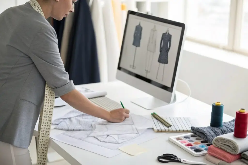 Fashion designer working on garment sketches and digital designs on computer