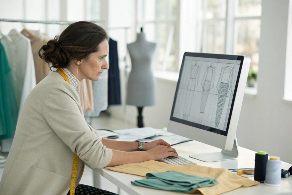 Fashion designer working on digital garment sketches on a computer in a studio