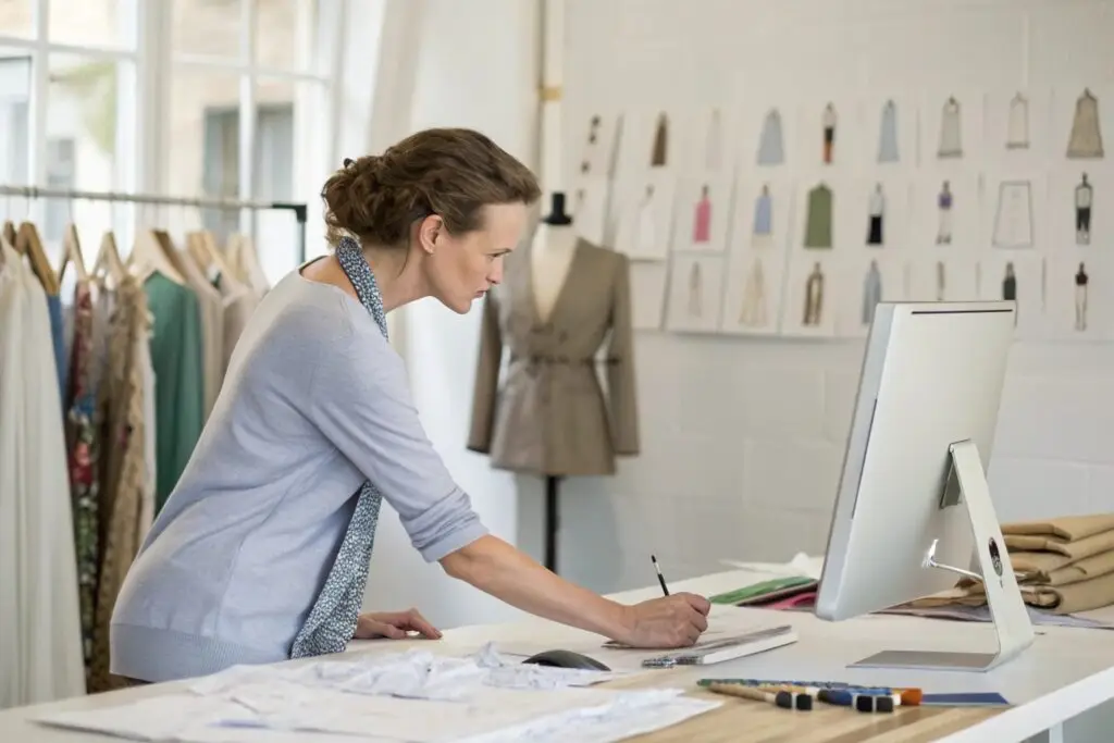 Fashion designer sketching designs on paper in a clothing studio with garment sketches on the wall