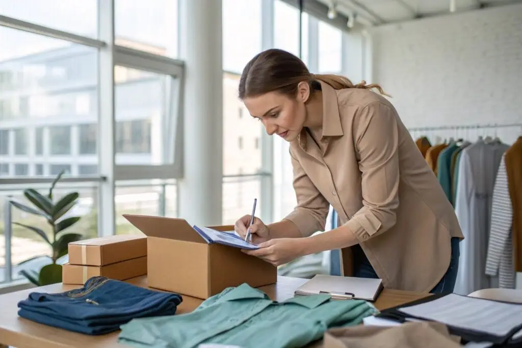 Small business owner packing and labeling clothing orders for shipment