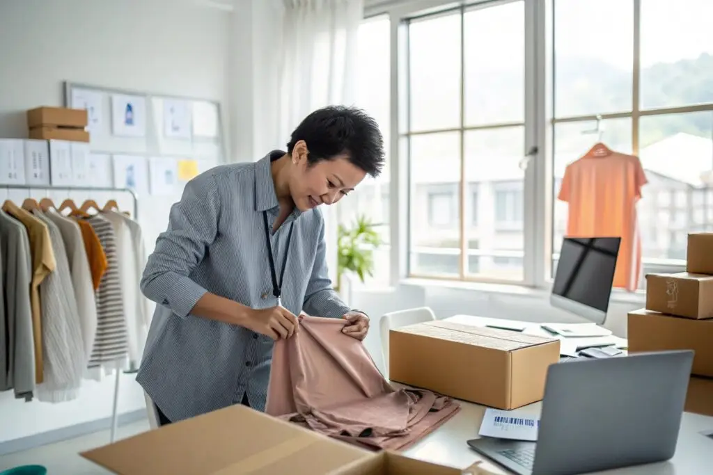 Fashion business owner packing clothing orders for shipment
