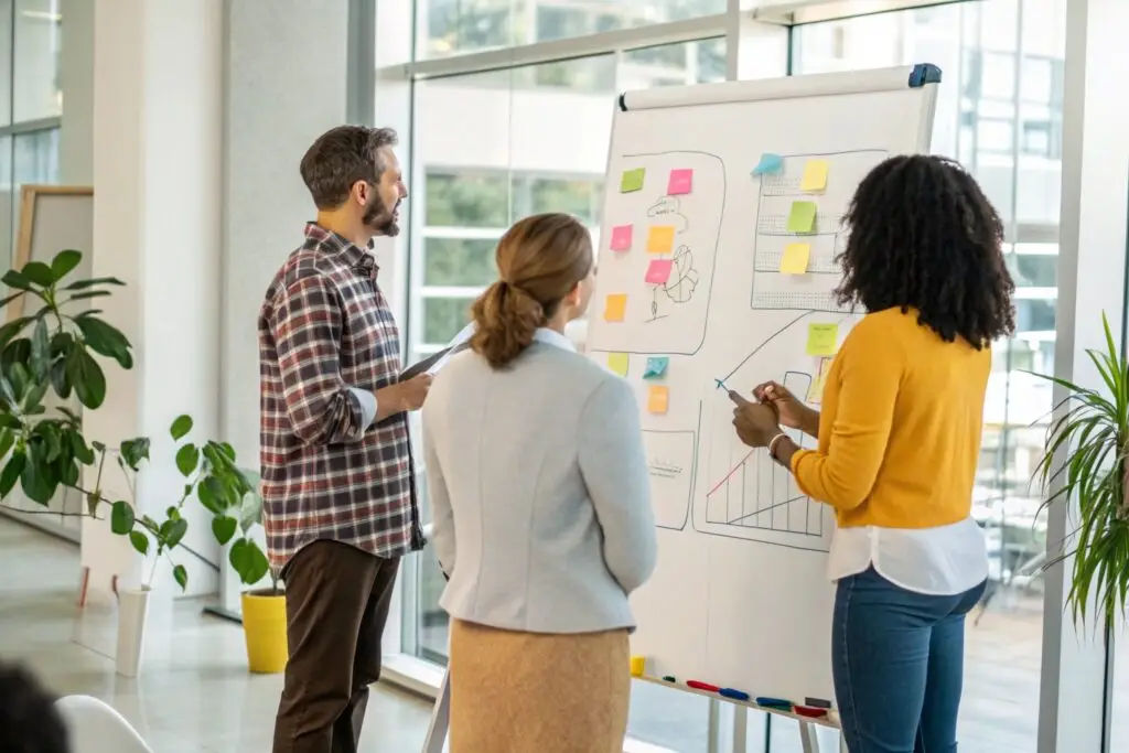 Team collaborating on fashion business strategy with a whiteboard