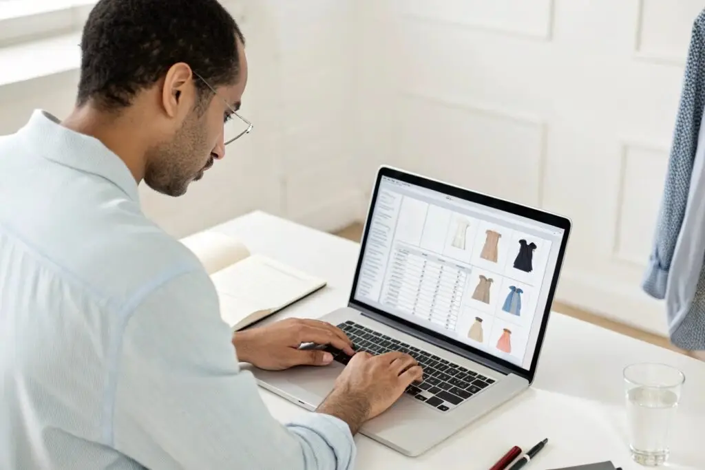 Freelance designer reviewing clothing designs on laptop