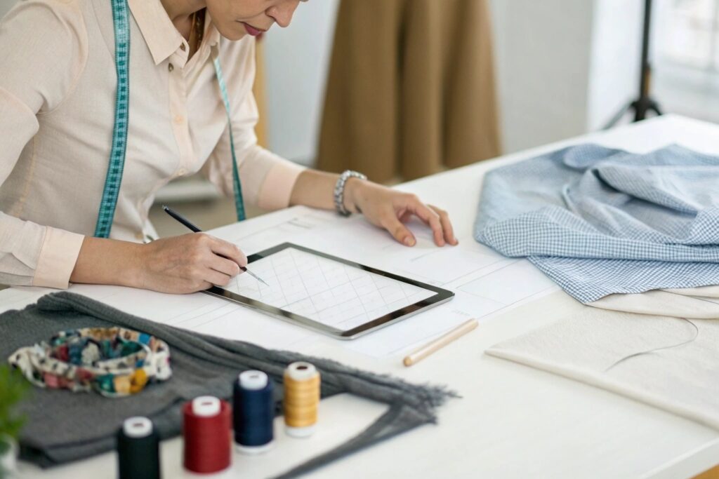 Freelance fashion designer drawing on tablet with fabrics and threads