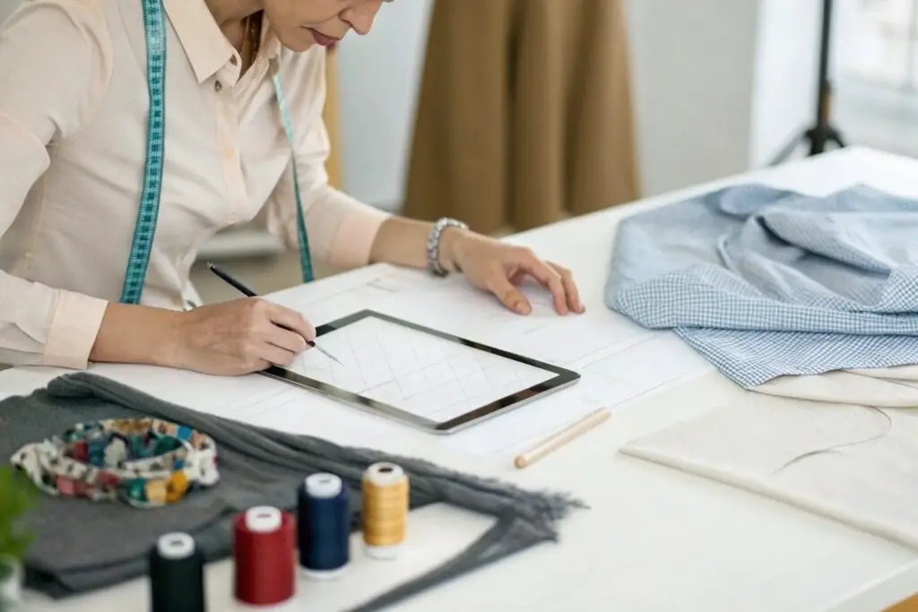 Freelance fashion designer drawing on tablet with fabrics and threads