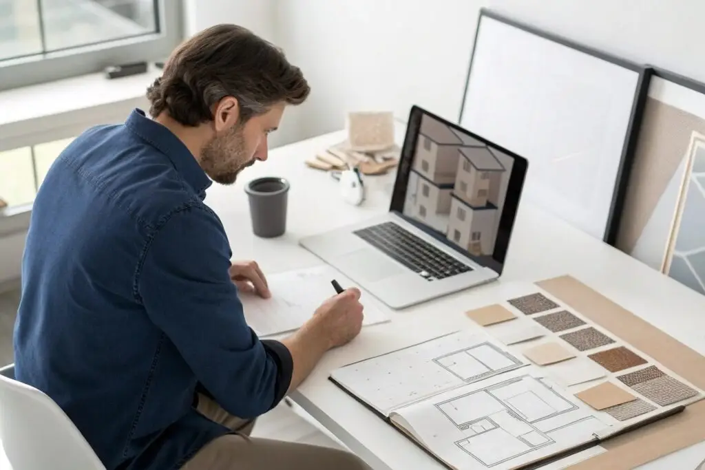 Freelance designer working on packaging designs with fabric swatches